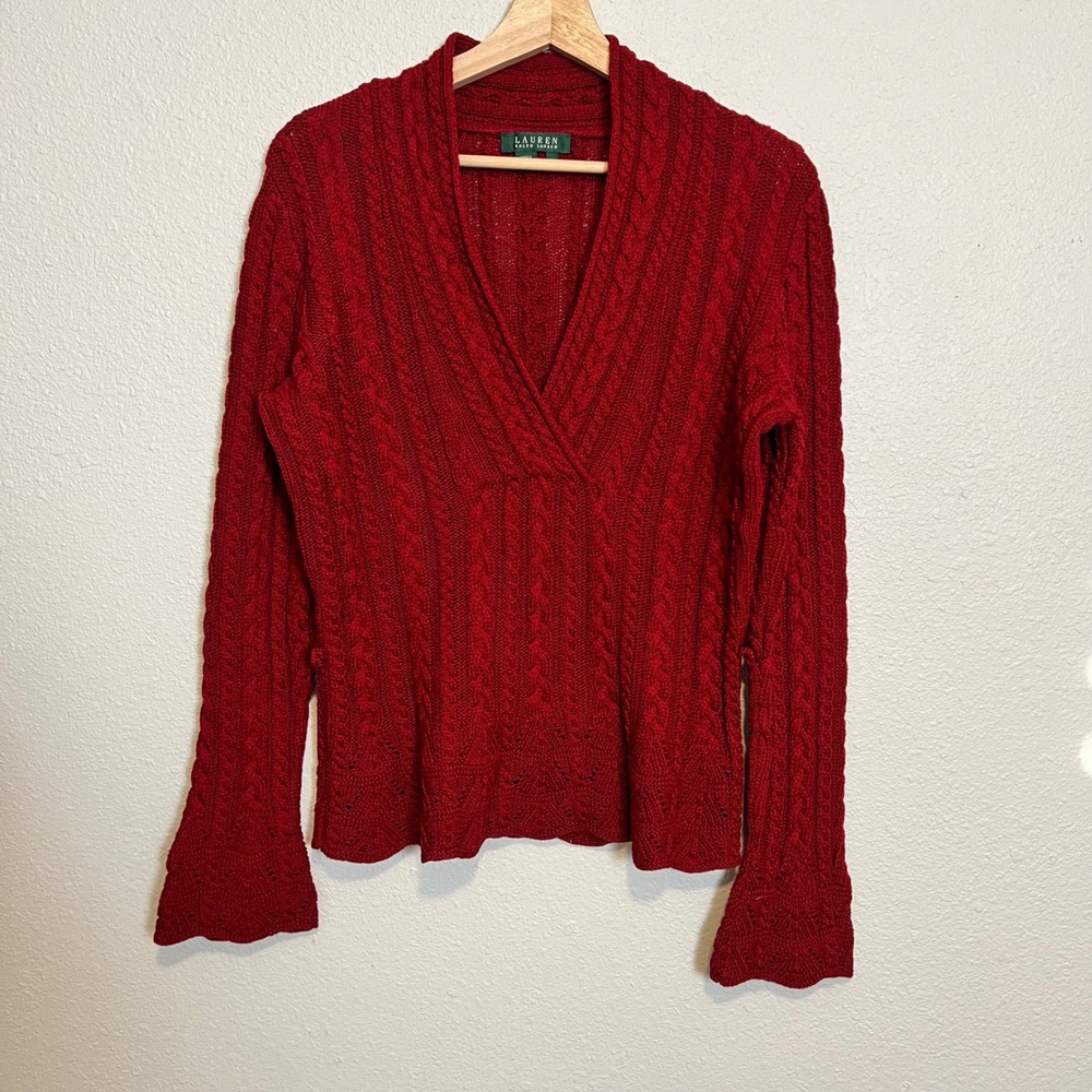 Lauren Ralph Lauren Red Cable Knit V Neck Sweater Bell Sleeve Size‎ L